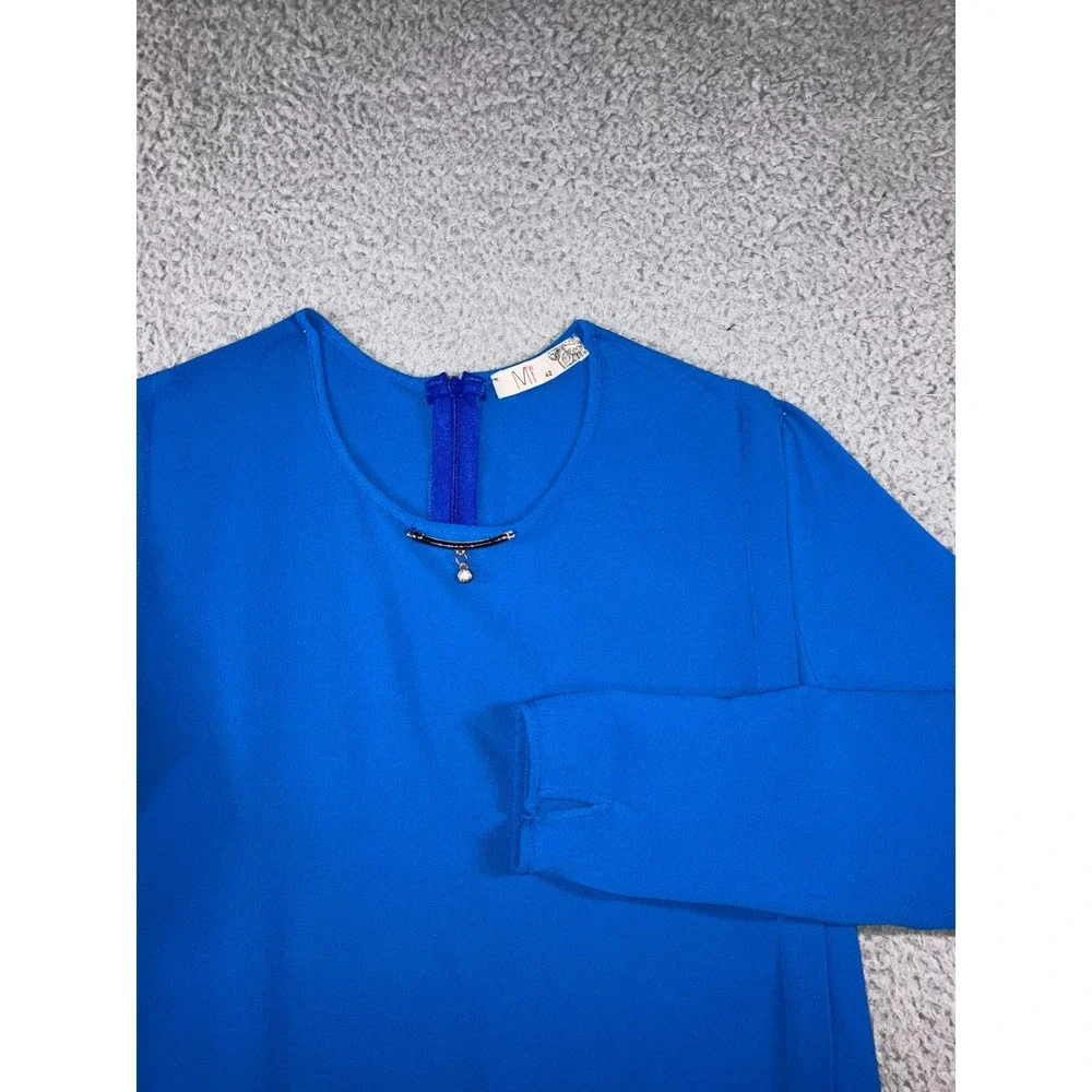 Tunic‎ Dress 10-12 Cobalt Blue Embellished Lagenlook Layering Long Sleeve Modest